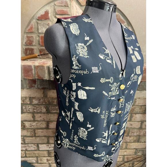 Liz Claiborne vest preppy blue white vintage 1980s novelty print steampunk - Picture 8 of 11